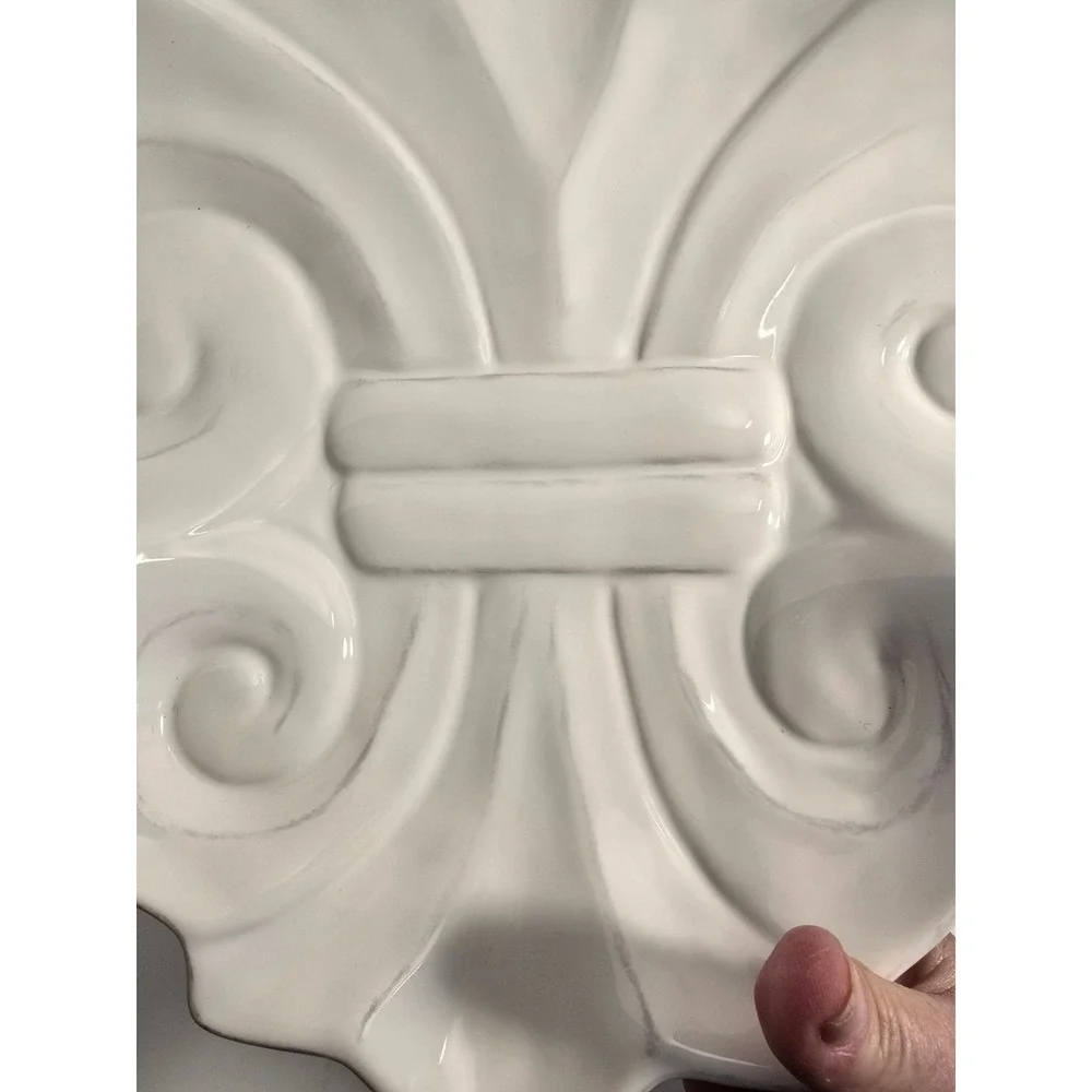 Embossed Stoneware Fleur De Lis Serving‎ Plate White 15.5x11.5 Inch Dinnerware